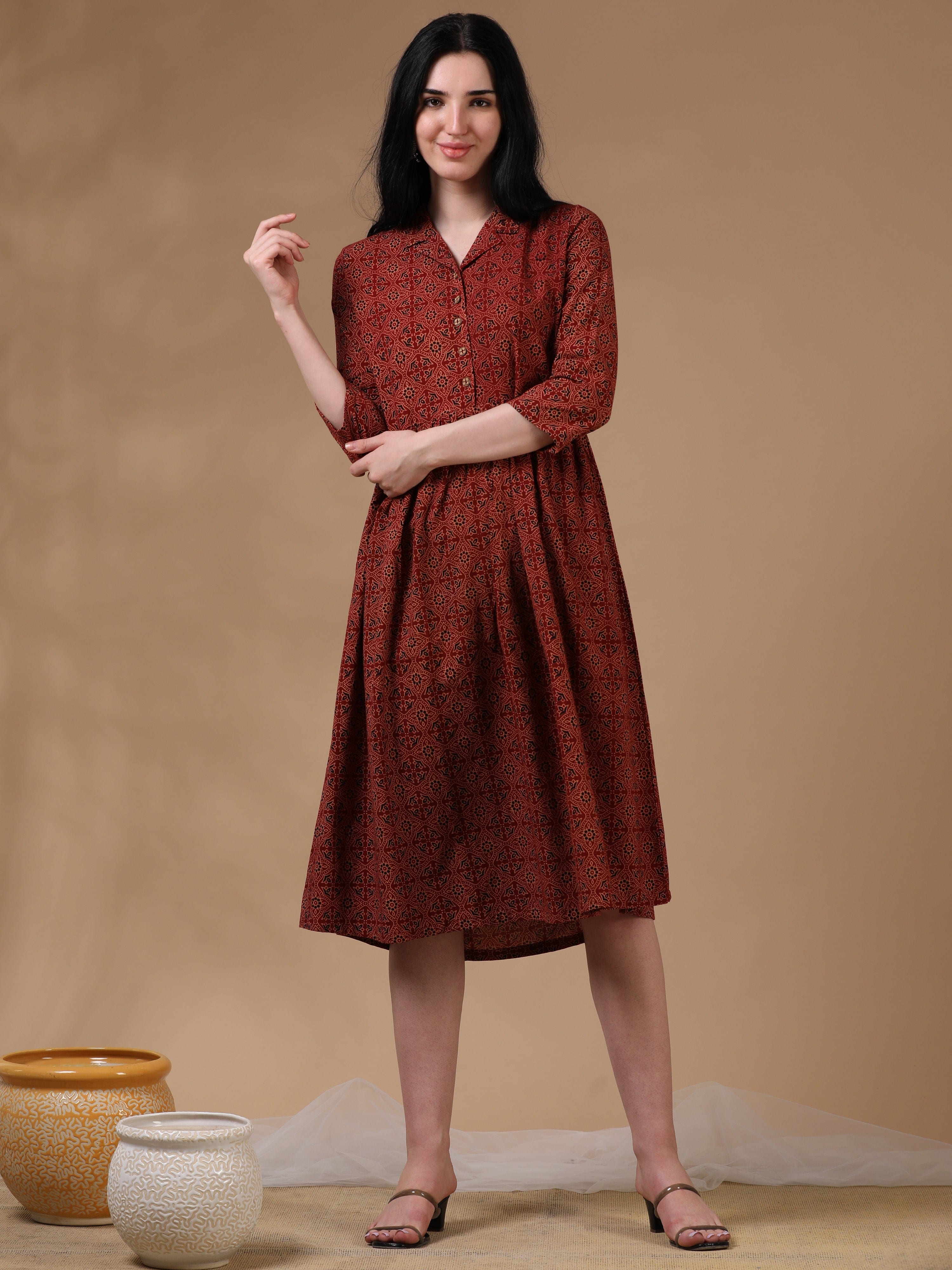 Maroon 3/4th Regular Sleeves Casual Wear Dress