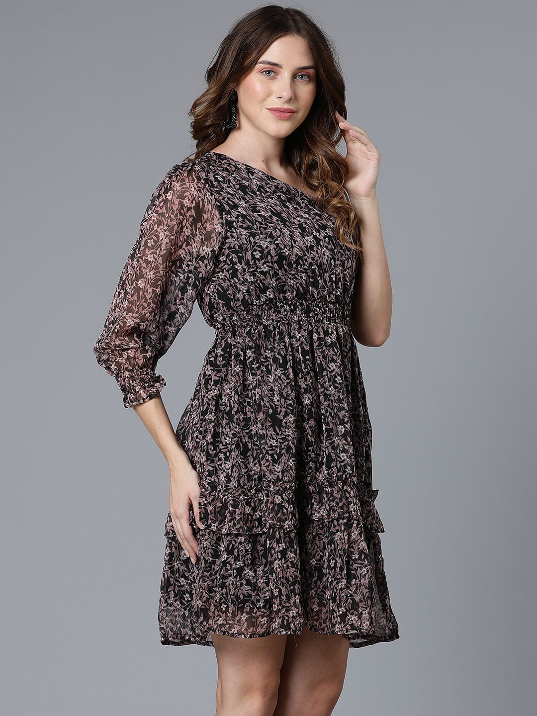 Black One Shoulder Floral Print Dress