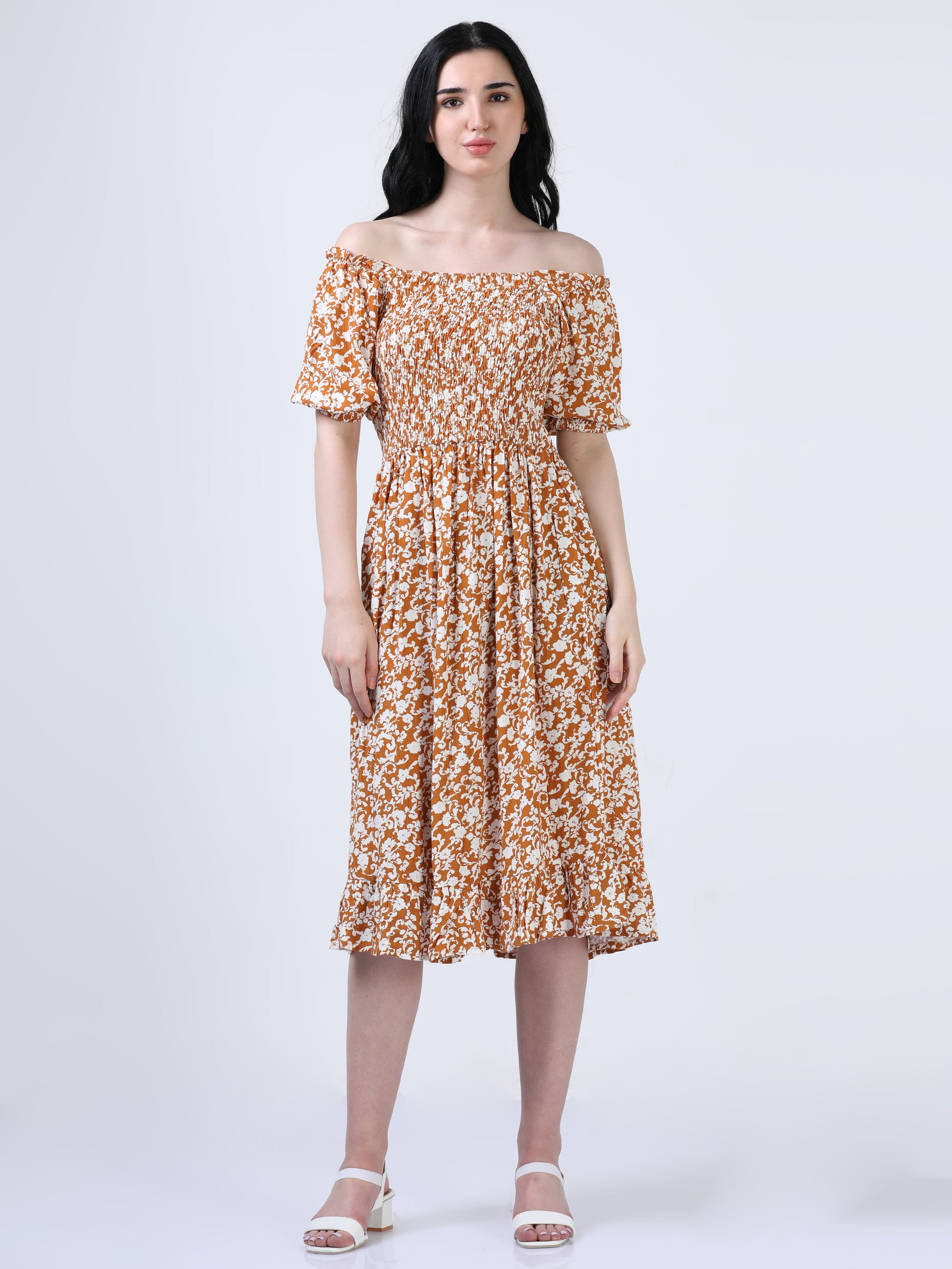 Mustard Puff Sleeve Floral Print Dress