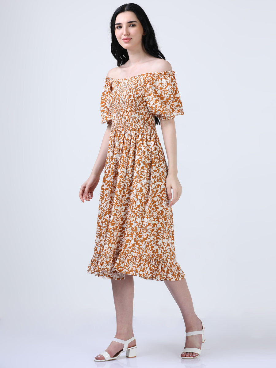 Mustard Puff Sleeve Floral Print Dress