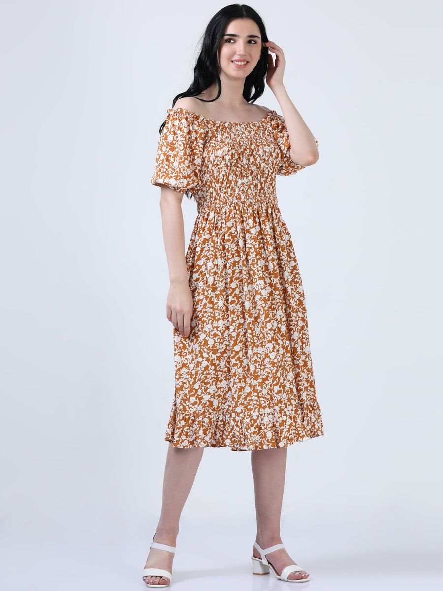 Mustard Puff Sleeve Floral Print Dress