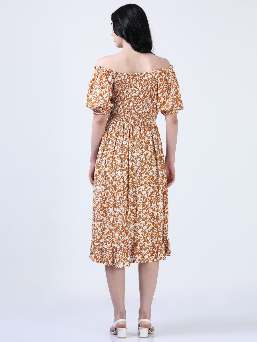 Mustard Puff Sleeve Floral Print Dress