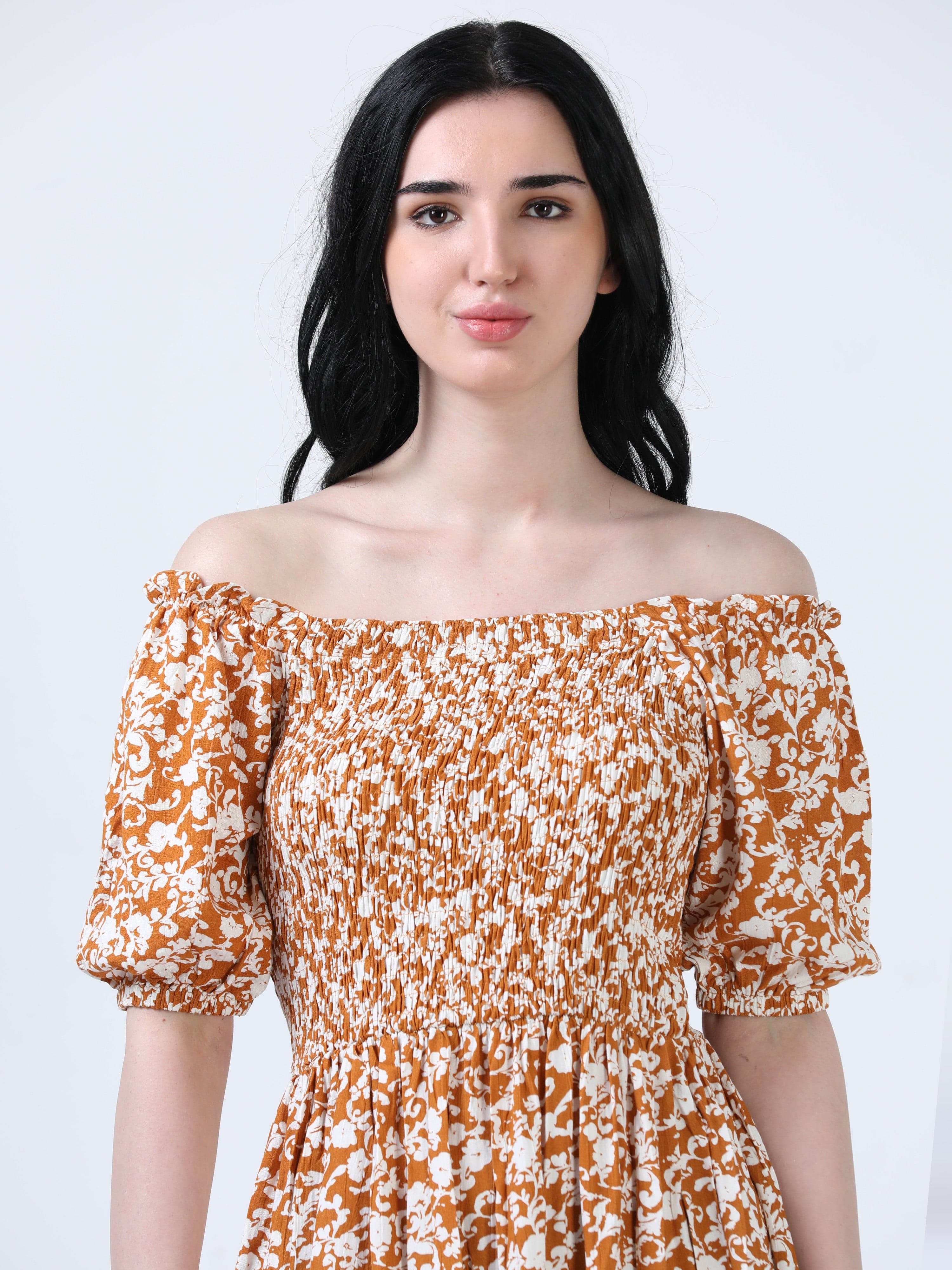 Mustard Puff Sleeve Floral Print Dress