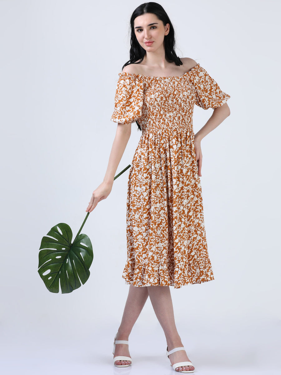 Mustard Puff Sleeve Floral Print Dress