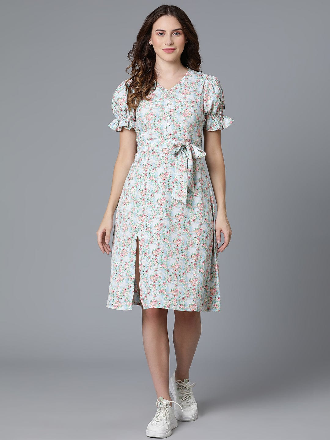 White Puff Sleeve Floral Print Dress
