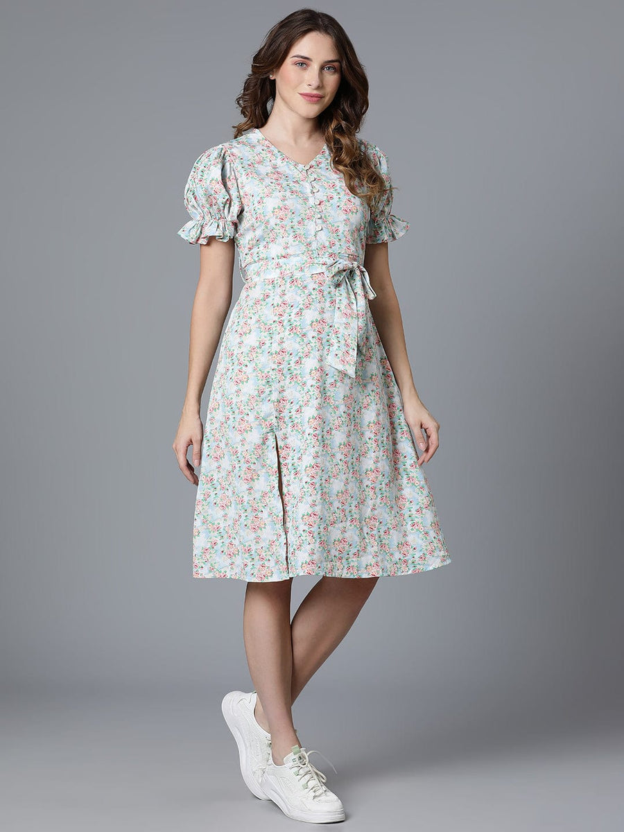 White Puff Sleeve Floral Print Dress