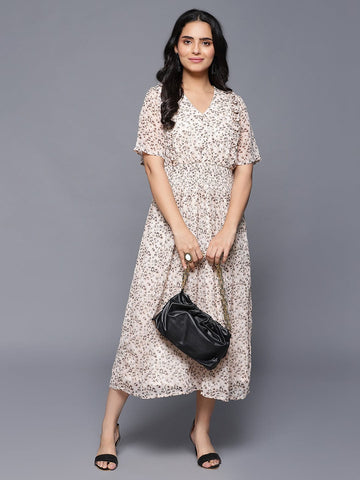 Peach Puff Sleeve Floral Print Dress