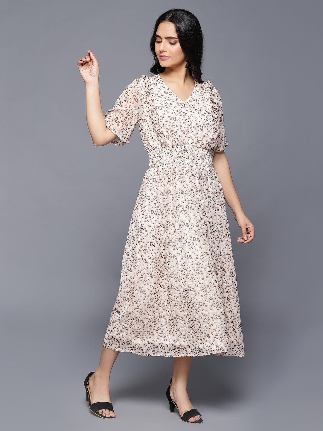 Peach Puff Sleeve Floral Print Dress