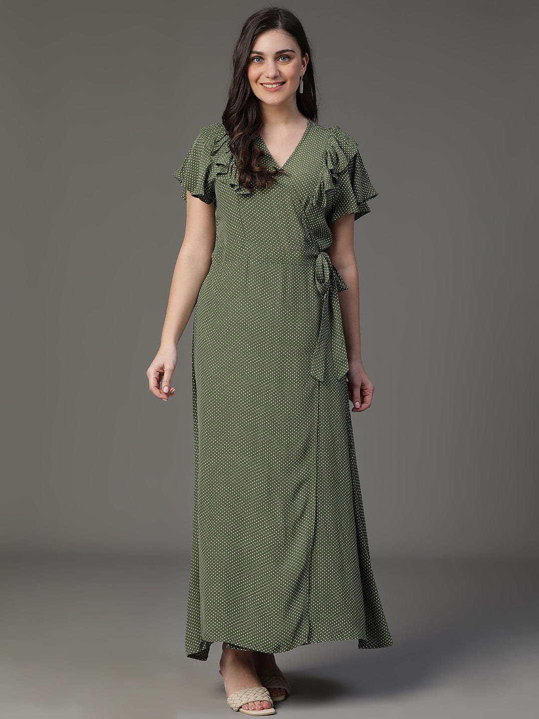 Olive Polka Dot Flared Sleeve A-Line Dress