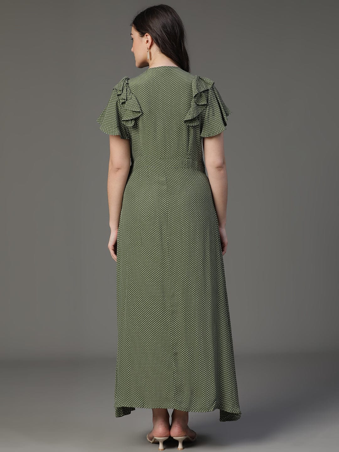 Olive Polka Dot Flared Sleeve A-Line Dress