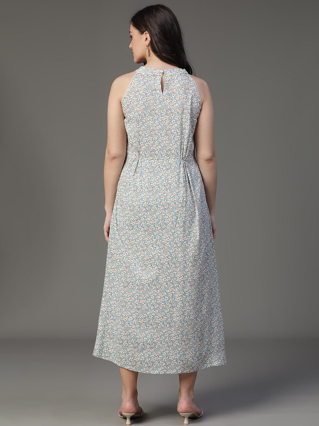 Blue Sleeveless Floral Print Flared Dress