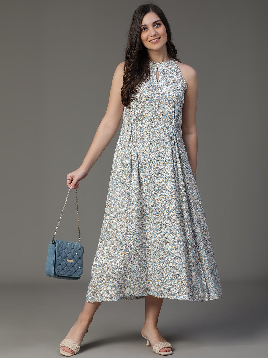 Blue Sleeveless Floral Print Flared Dress