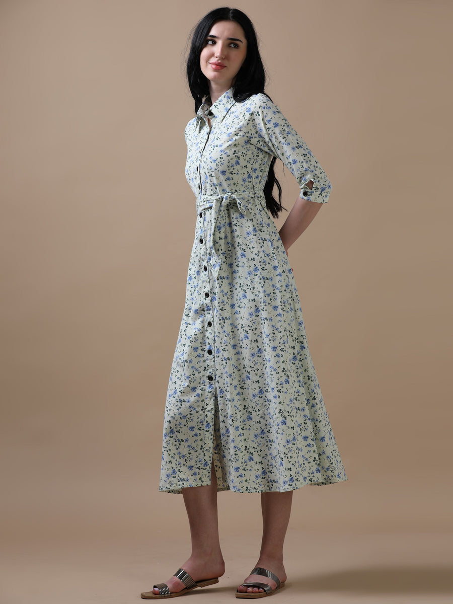 Cream 3/4th Regular Sleeve Floral Print A-Line Dress