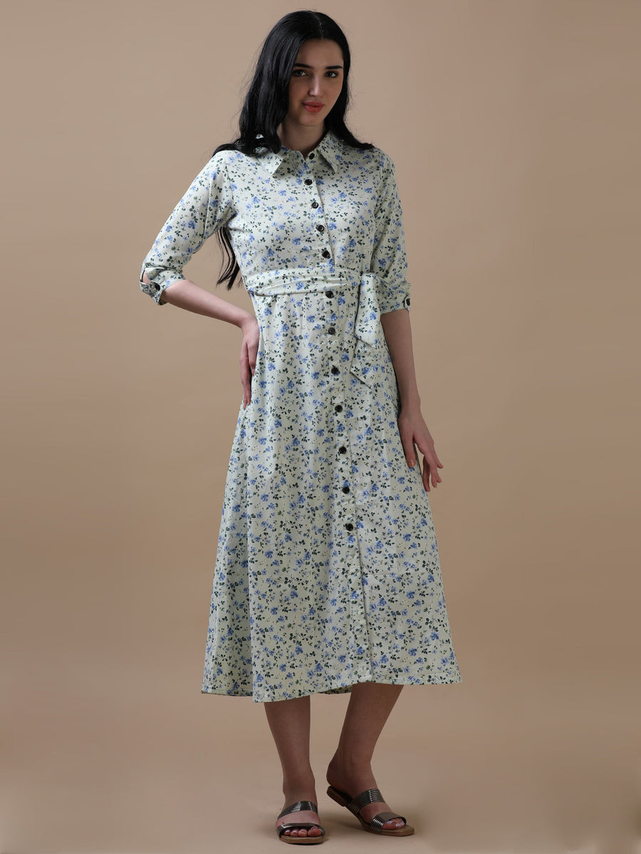 Cream 3/4th Regular Sleeve Floral Print A-Line Dress