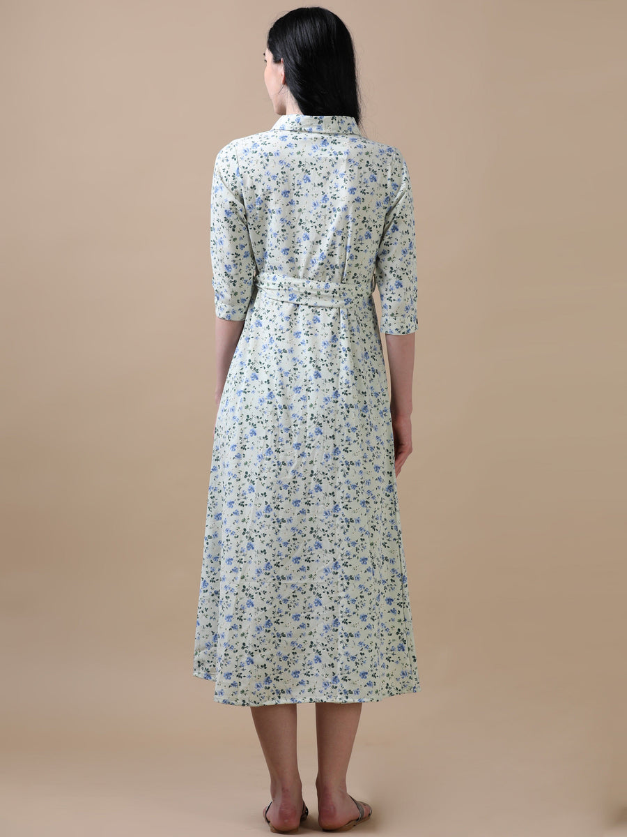 Cream 3/4th Regular Sleeve Floral Print A-Line Dress