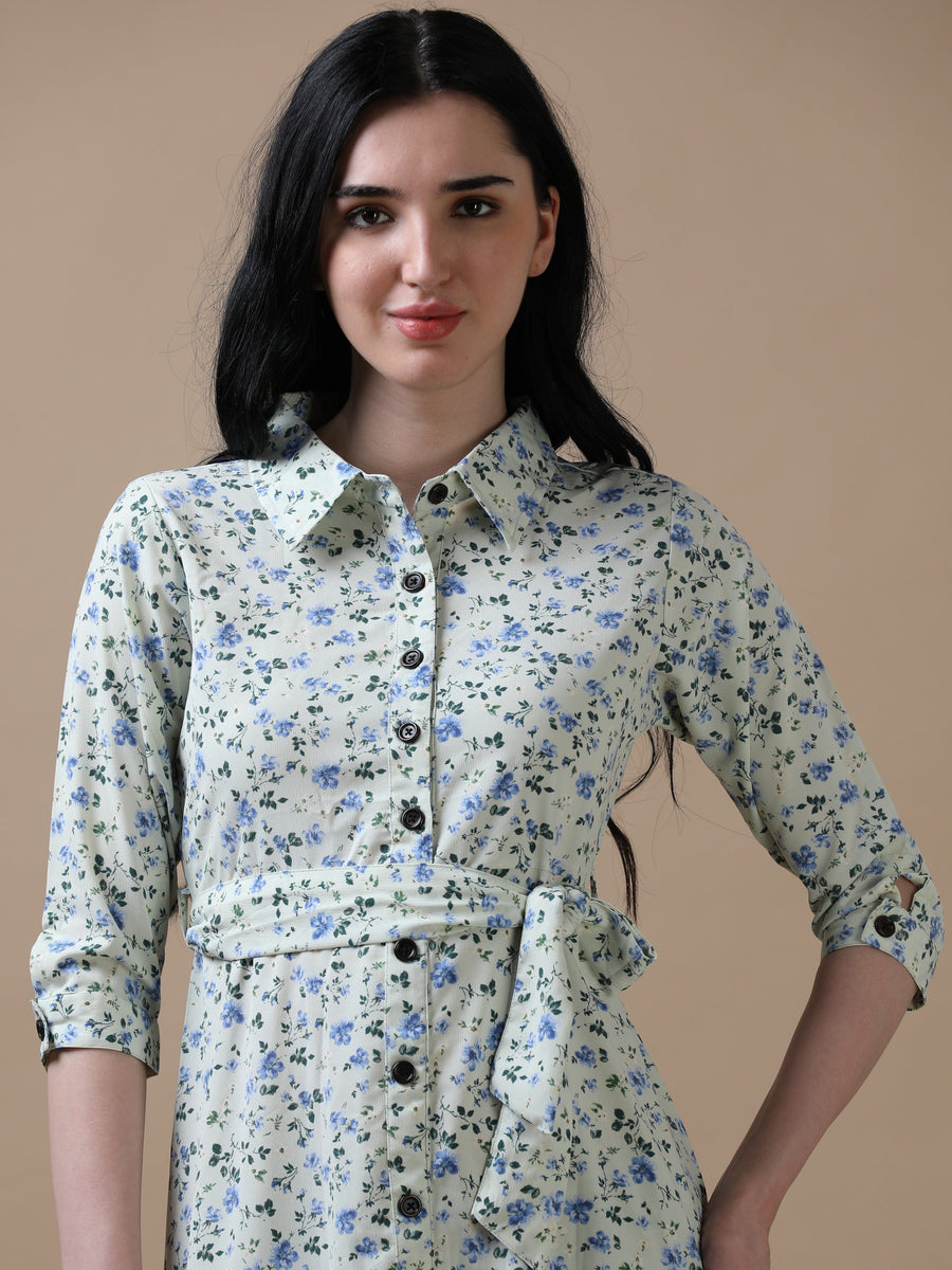 Cream 3/4th Regular Sleeve Floral Print A-Line Dress