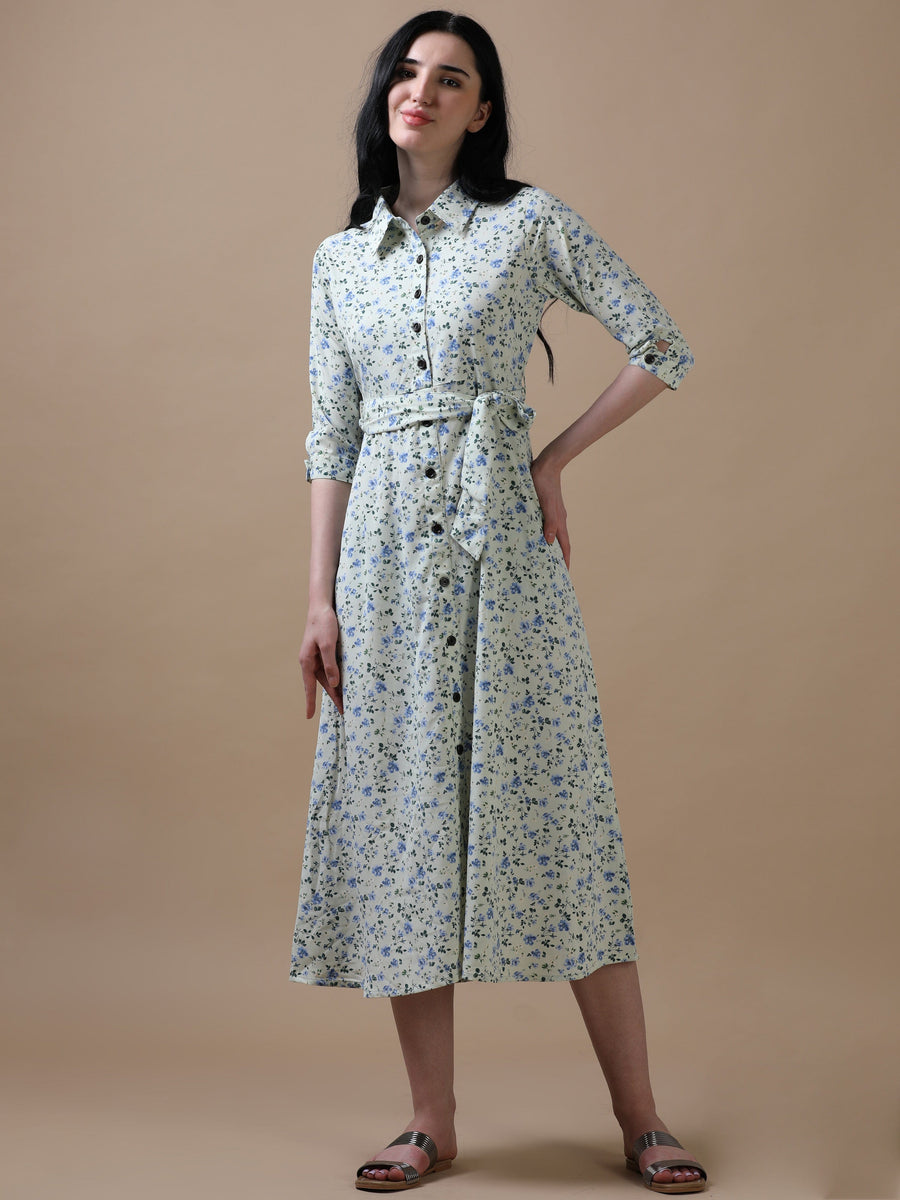 Cream 3/4th Regular Sleeve Floral Print A-Line Dress