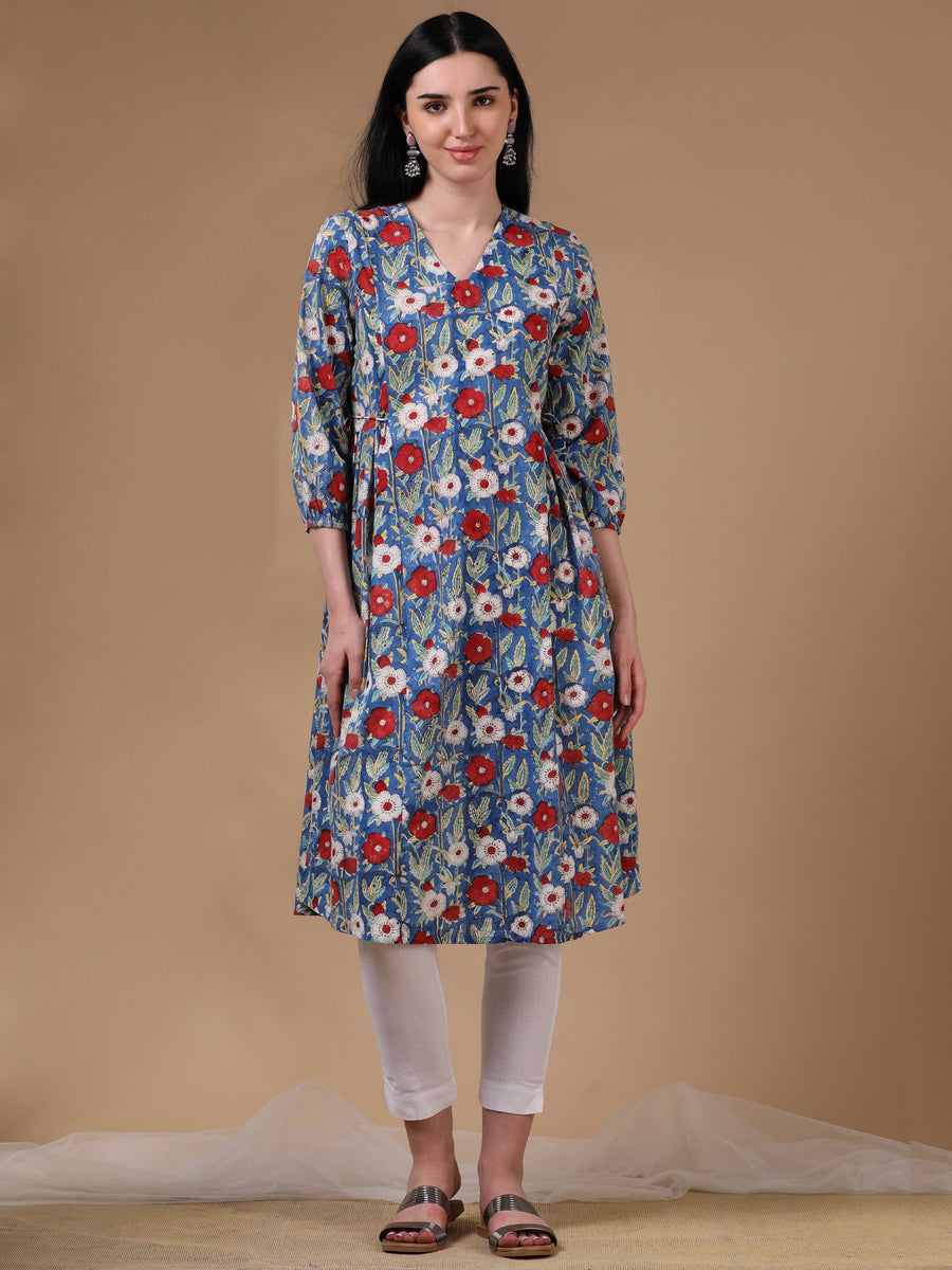 Blue 3/4th Puff Sleeve Block Print A-Line Dress