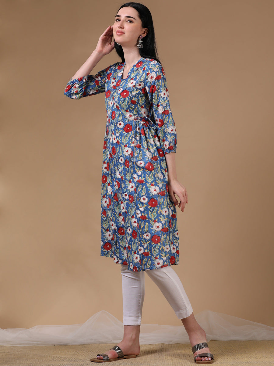 Blue 3/4th Puff Sleeve Block Print A-Line Dress