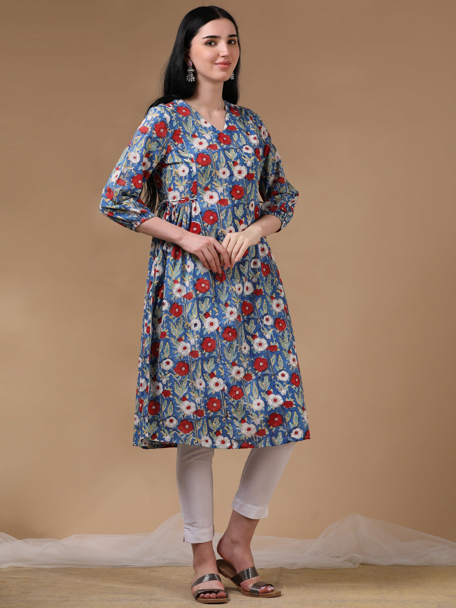 Blue 3/4th Puff Sleeve Block Print A-Line Dress