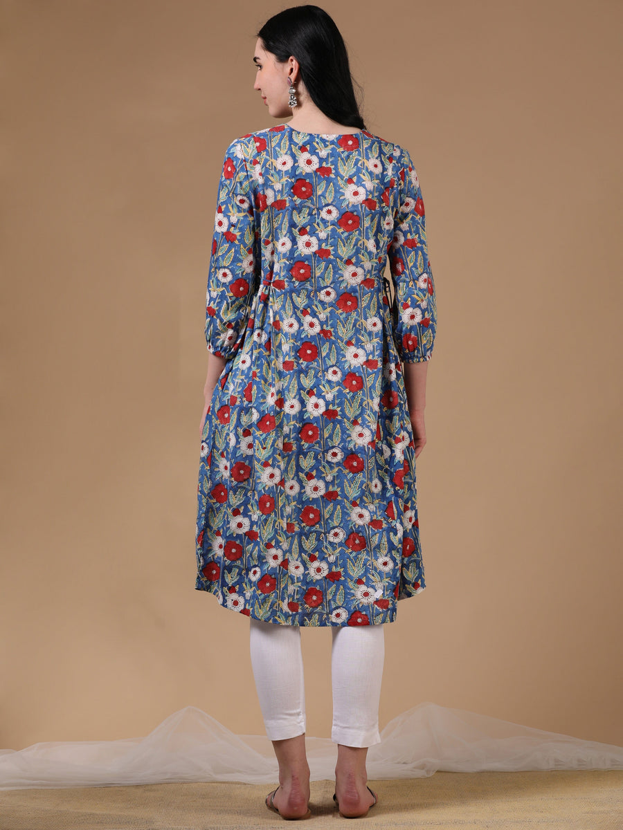 Blue 3/4th Puff Sleeve Block Print A-Line Dress