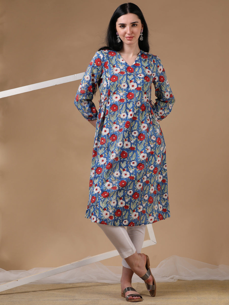 Blue 3/4th Puff Sleeve Block Print A-Line Dress