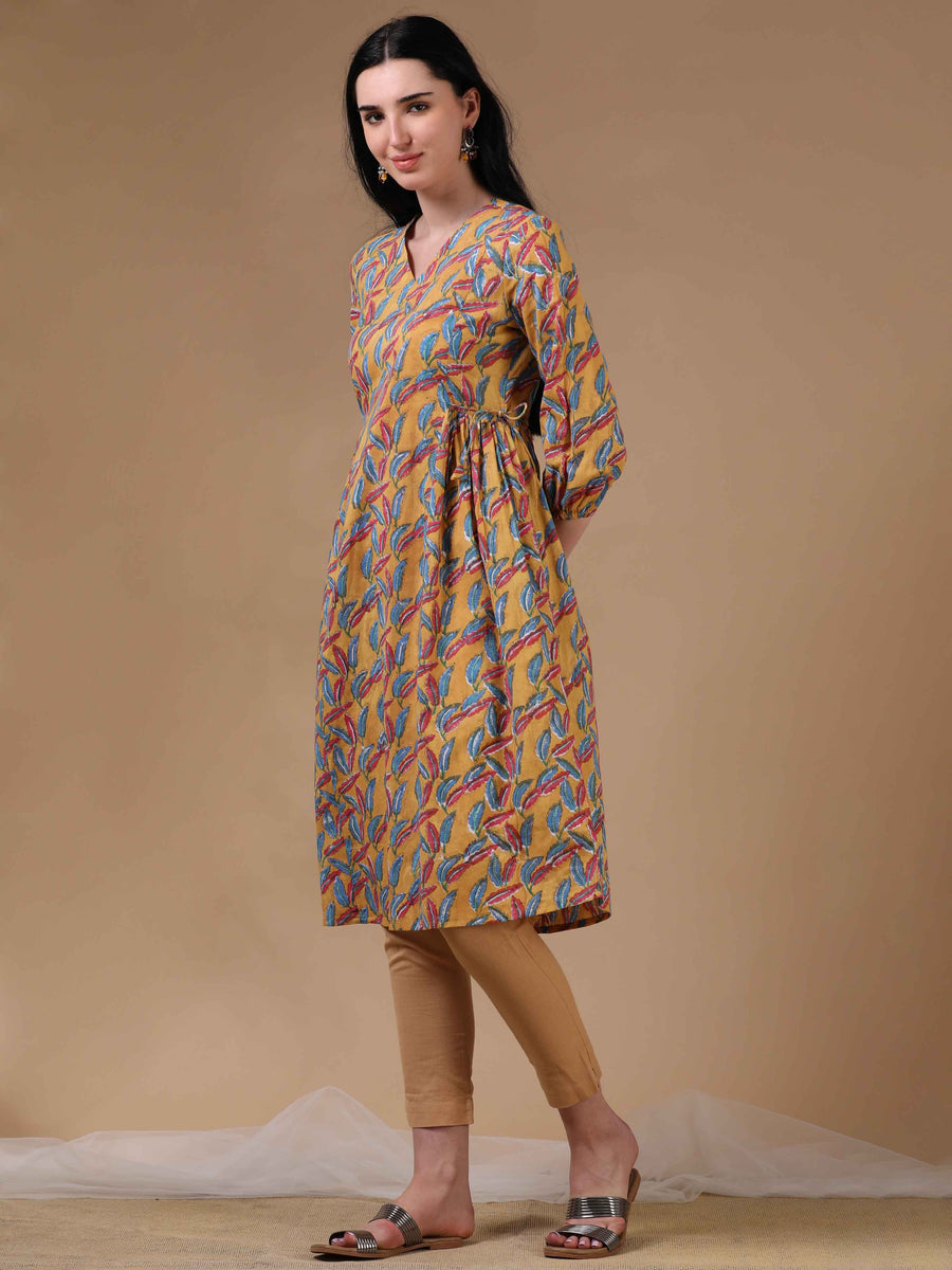 Yellow 3/4th Puff Sleeve Block Print A-Line Dress