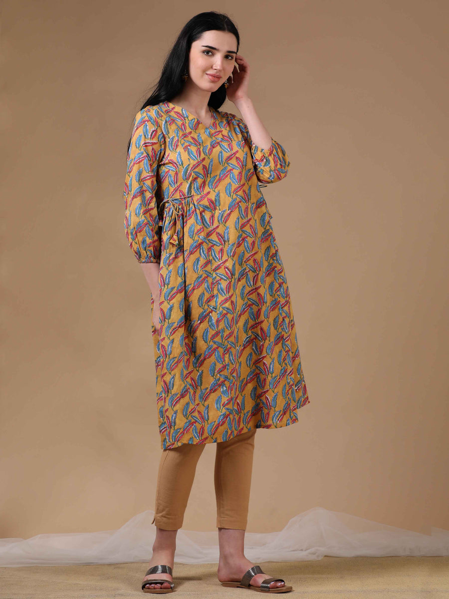 Yellow 3/4th Puff Sleeve Block Print A-Line Dress