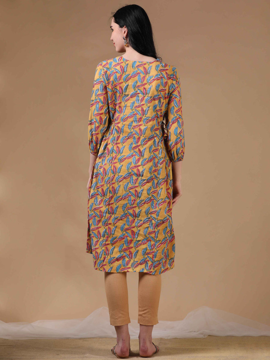 Yellow 3/4th Puff Sleeve Block Print A-Line Dress