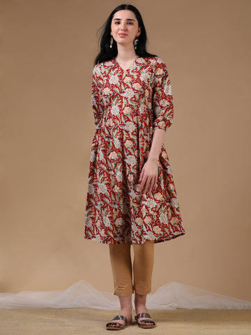 Red 3/4th Puff Sleeve Block Print A-Line Dress