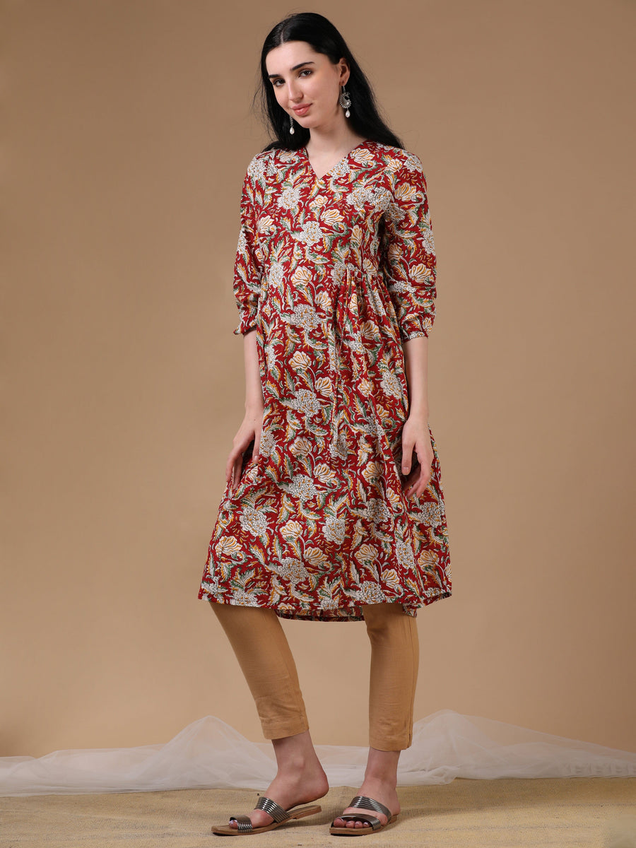 Red 3/4th Puff Sleeve Block Print A-Line Dress