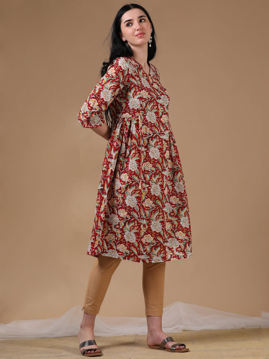 Red 3/4th Puff Sleeve Block Print A-Line Dress