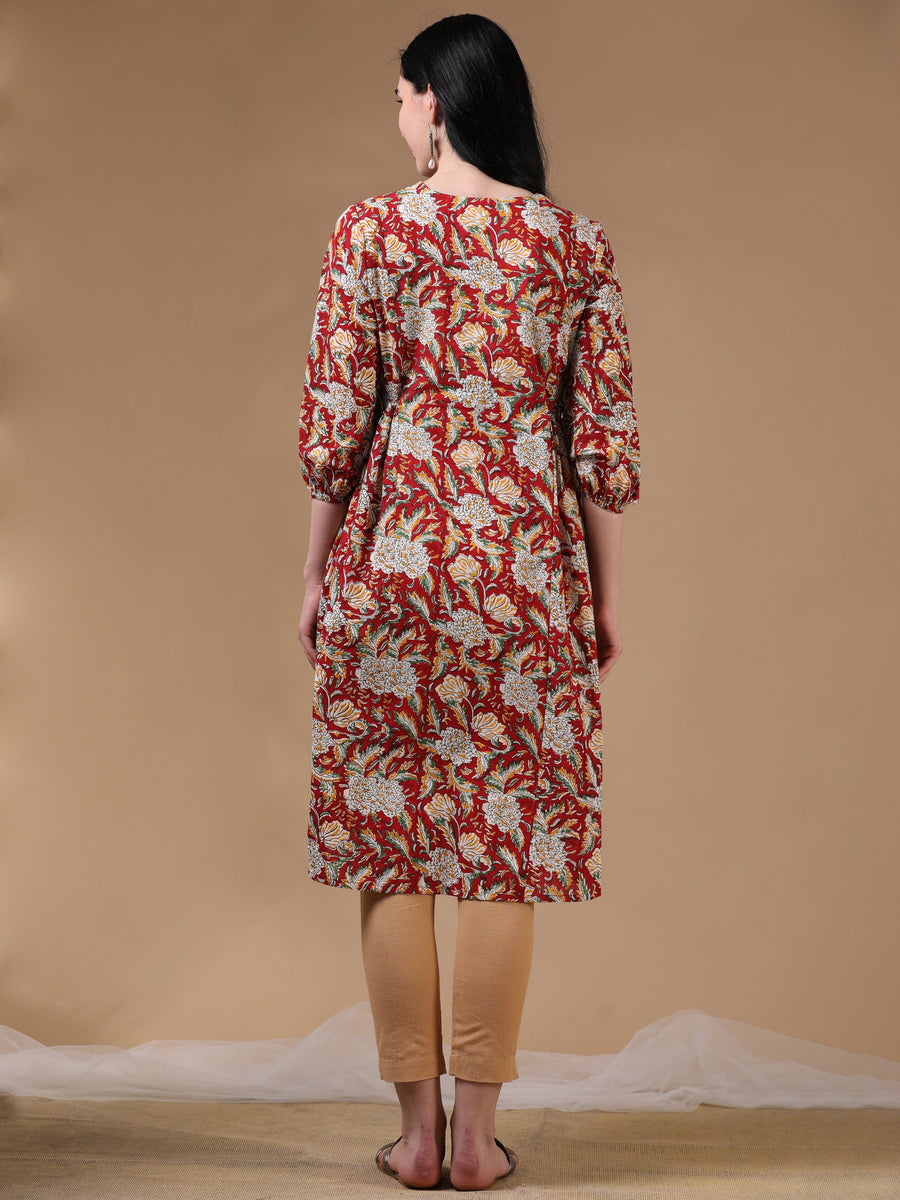 Red 3/4th Puff Sleeve Block Print A-Line Dress