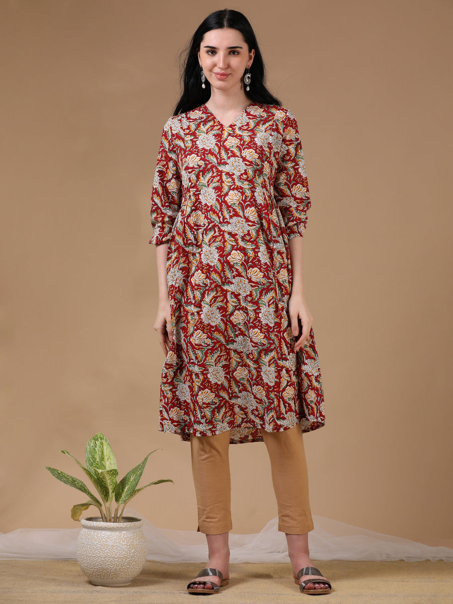 Red 3/4th Puff Sleeve Block Print A-Line Dress