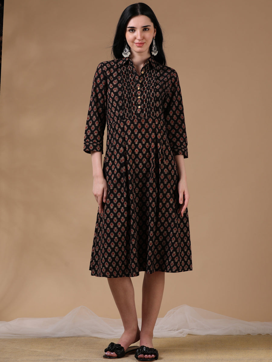 Black Brown 3/4th Regular Sleeve Block Print A-Line Dress