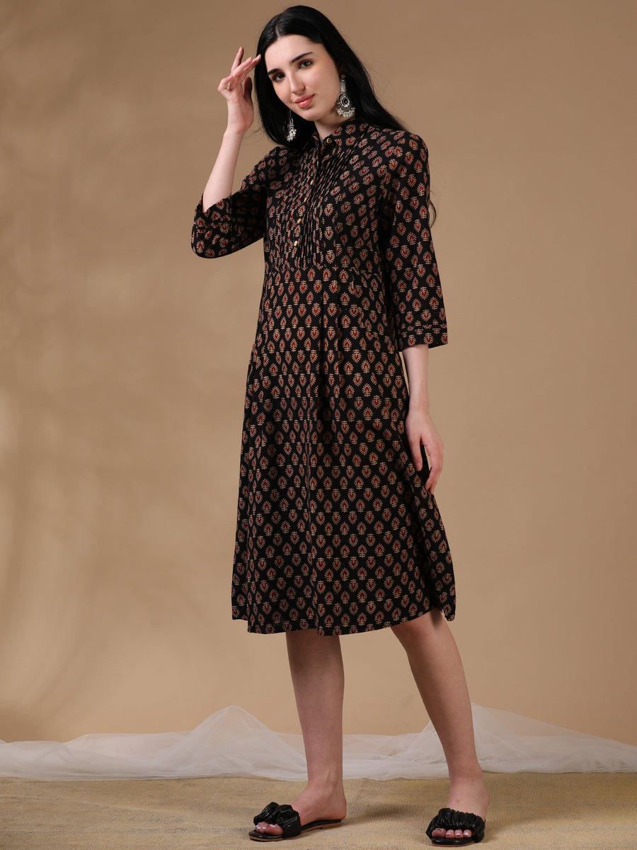 Black Brown 3/4th Regular Sleeve Block Print A-Line Dress