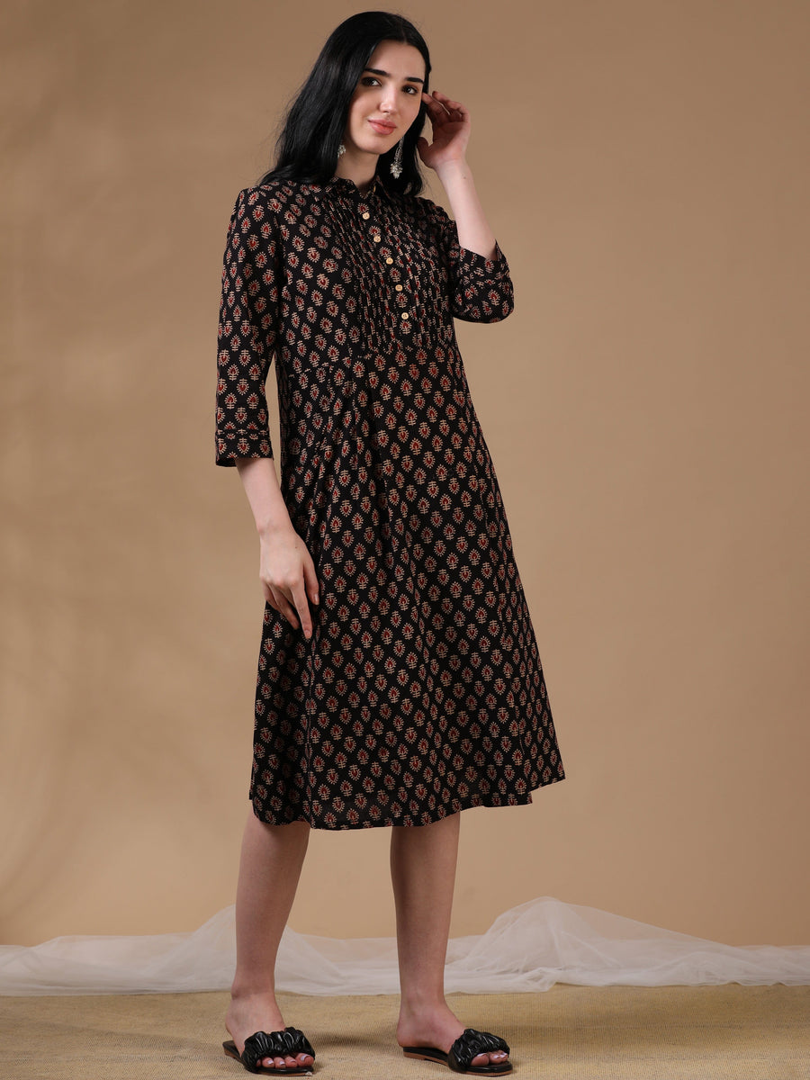 Black Brown 3/4th Regular Sleeve Block Print A-Line Dress