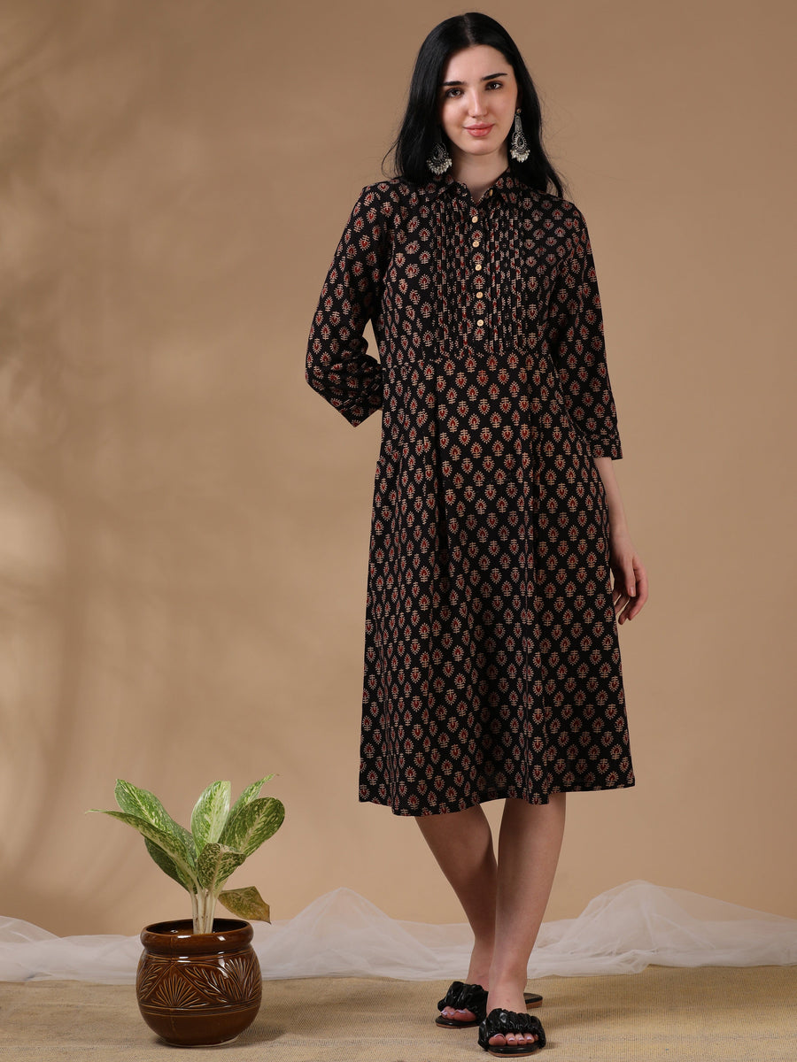 Black Brown 3/4th Regular Sleeve Block Print A-Line Dress