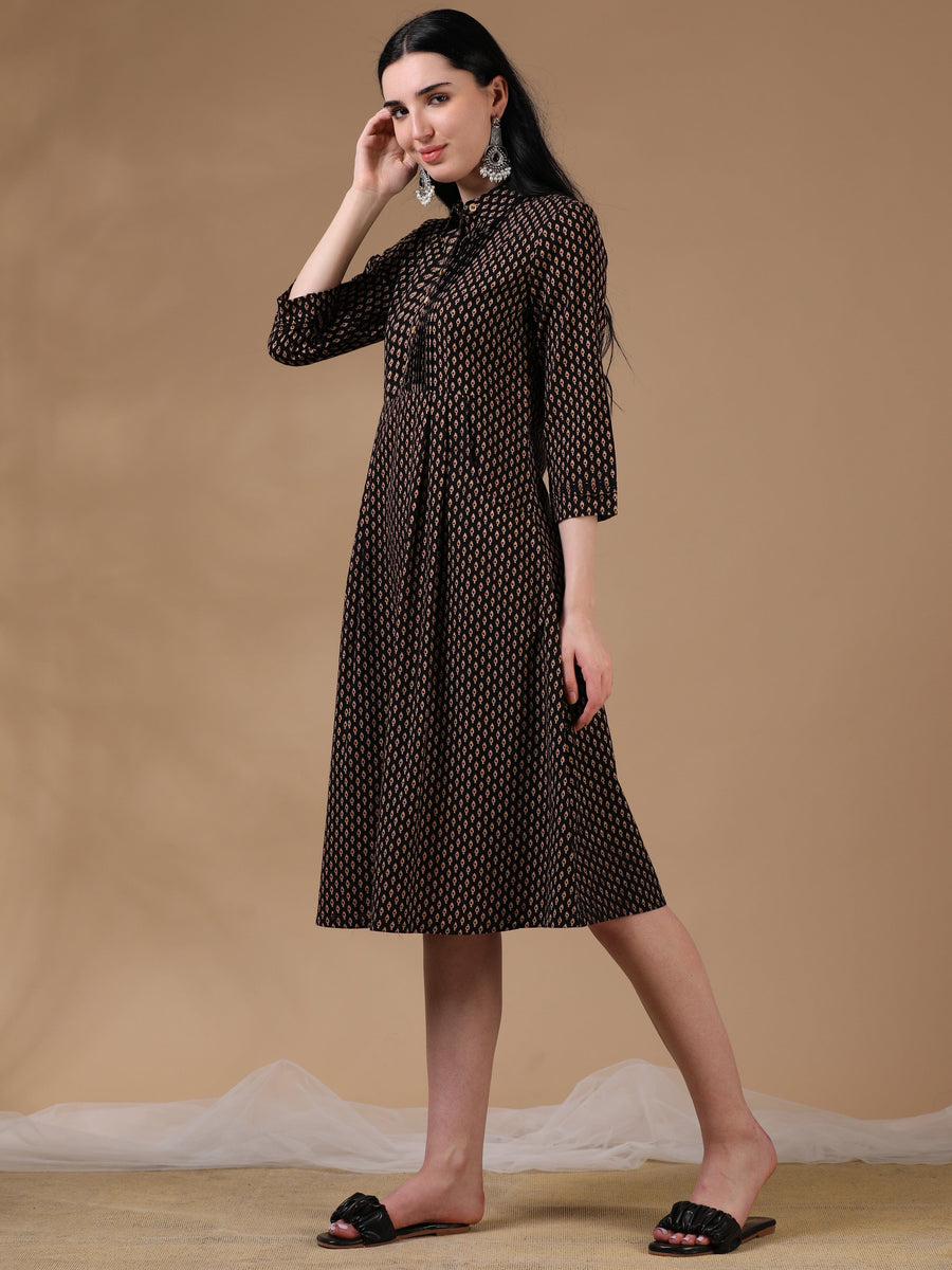 Black Brown 3/4th Regular Sleeve Block Print A-Line Dress