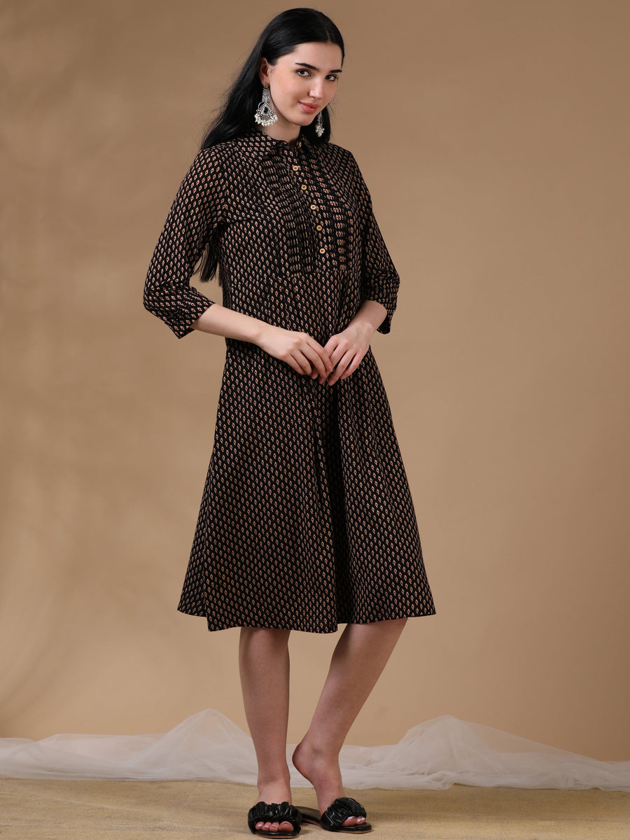 Black Brown 3/4th Regular Sleeve Block Print A-Line Dress