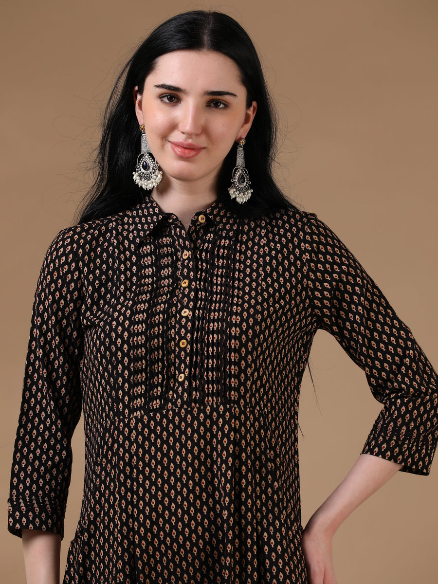 Black Brown 3/4th Regular Sleeve Block Print A-Line Dress