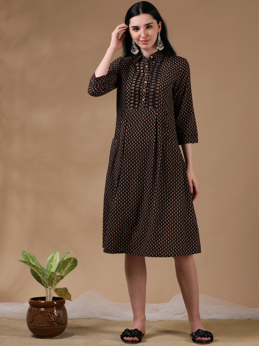 Black Brown 3/4th Regular Sleeve Block Print A-Line Dress