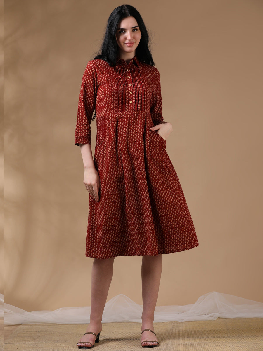 Maroon 3/4th Regular Sleeve Block Print A-Line Dress