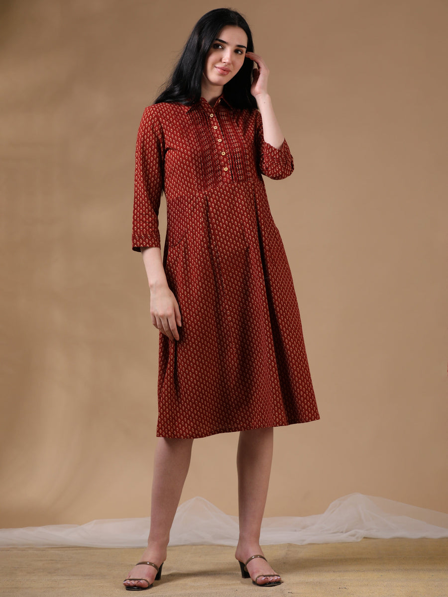 Maroon 3/4th Regular Sleeve Block Print A-Line Dress