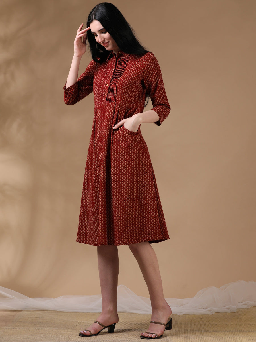 Maroon 3/4th Regular Sleeve Block Print A-Line Dress