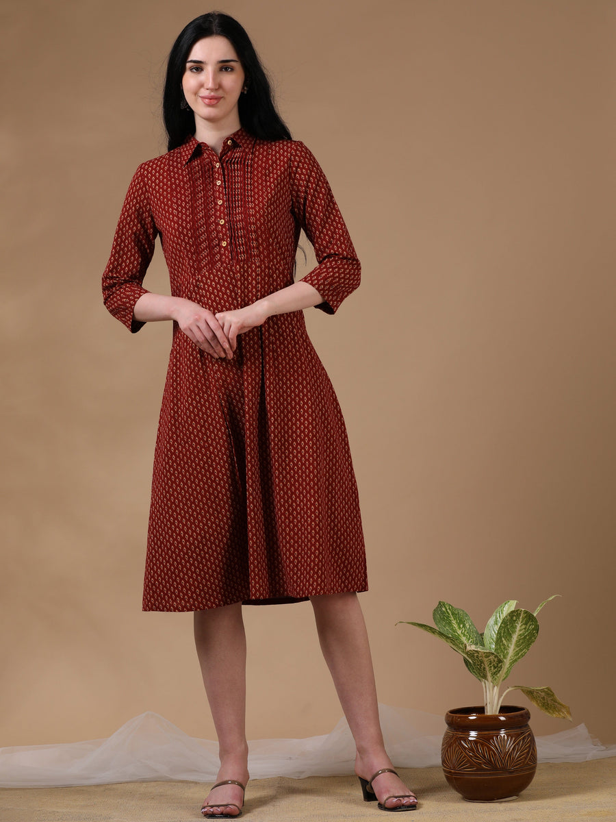 Maroon 3/4th Regular Sleeve Block Print A-Line Dress