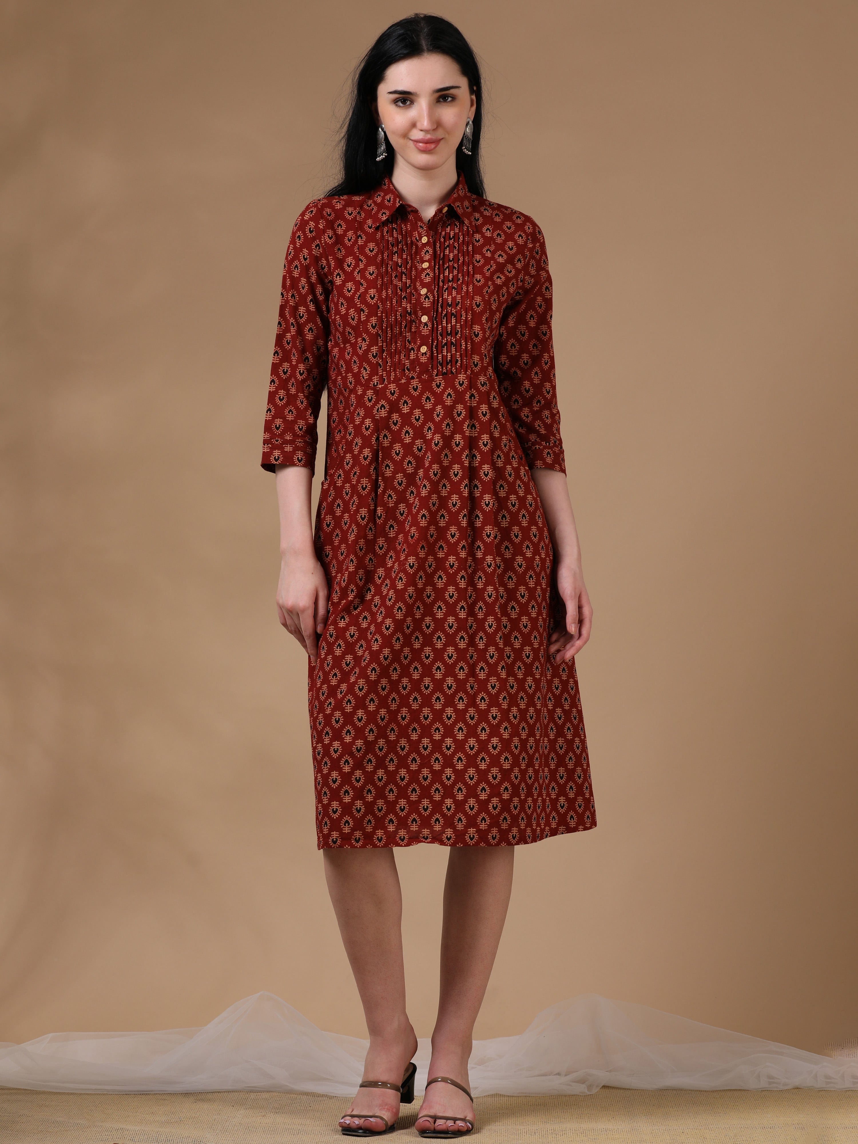Marron Beige 3/4th Regular Sleeve Block Print A-Line Dress