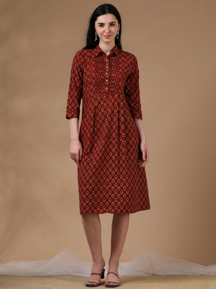 Marron Beige 3/4th Regular Sleeve Block Print A-Line Dress