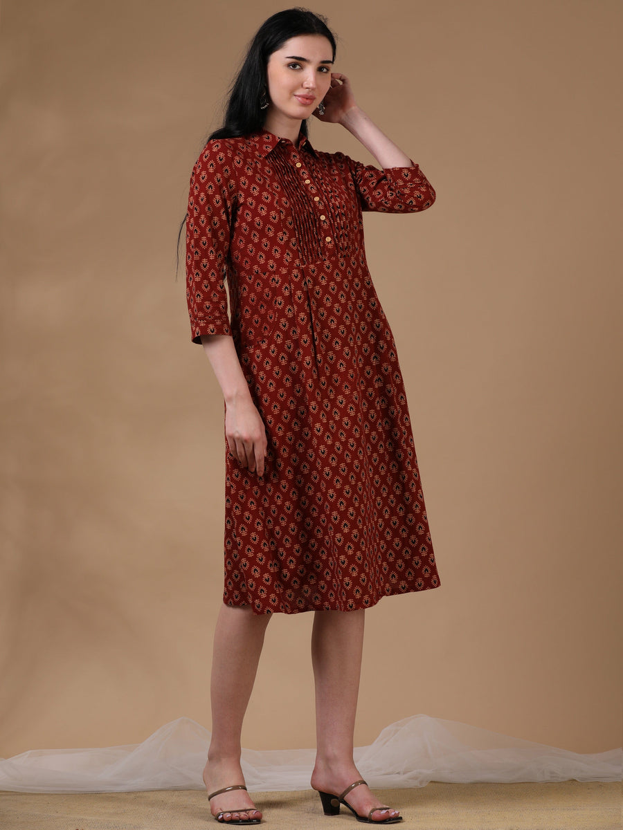 Marron Beige 3/4th Regular Sleeve Block Print A-Line Dress