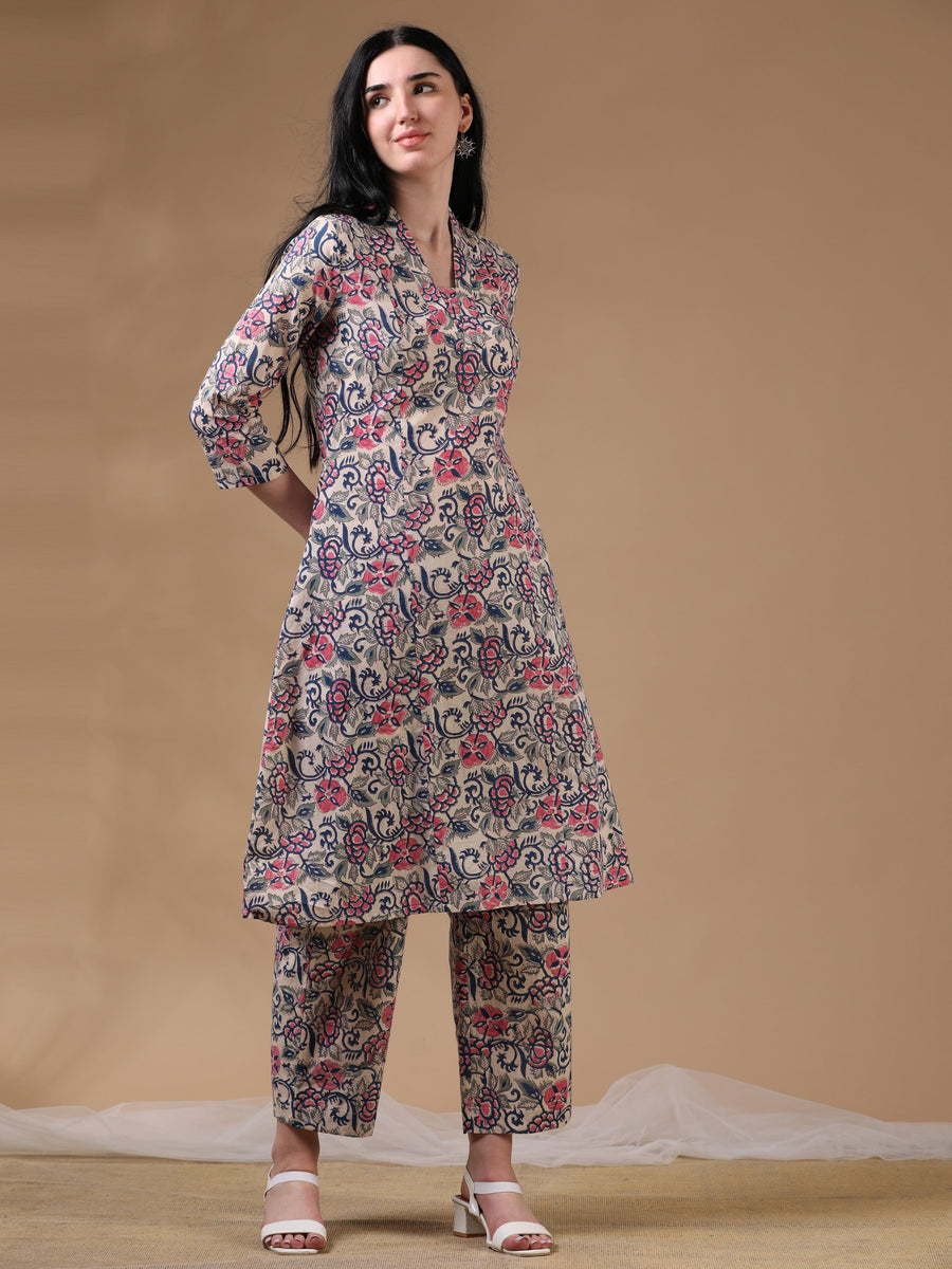 Cream 3/4th Sleeve Block Print A-Line Kurta